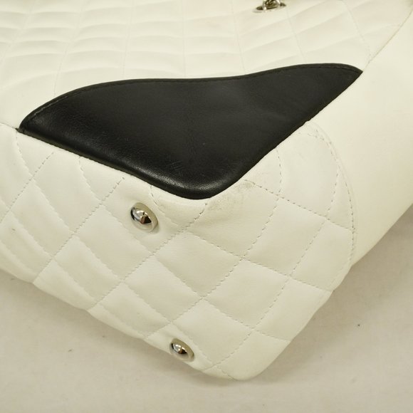 Auth Chanel Shoulder Bag Cambon Line Bowling Bag Lambskin White/Black Silver ... - Picture 9 of 10